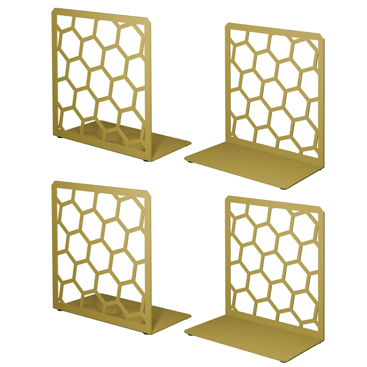 Gold Geometric Honeycomb Metal Bookends - Book Ends for Shelves - Decorative Modern Heavy Duty