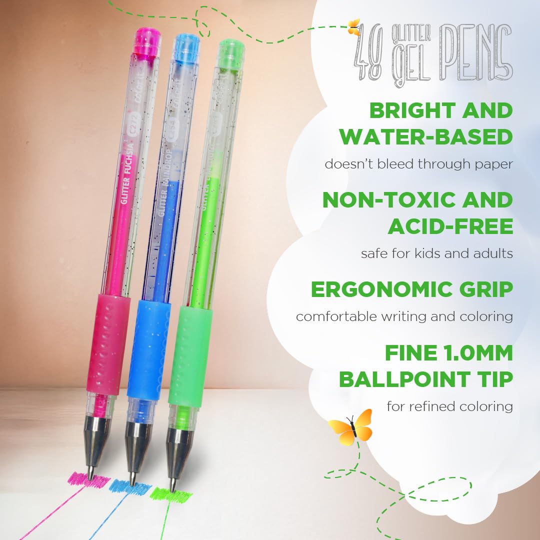 ColorIt Glitter Gel Pens for Coloring – 96 Pack with 48 Premium Glitter Gel Pens & 48 Refills with