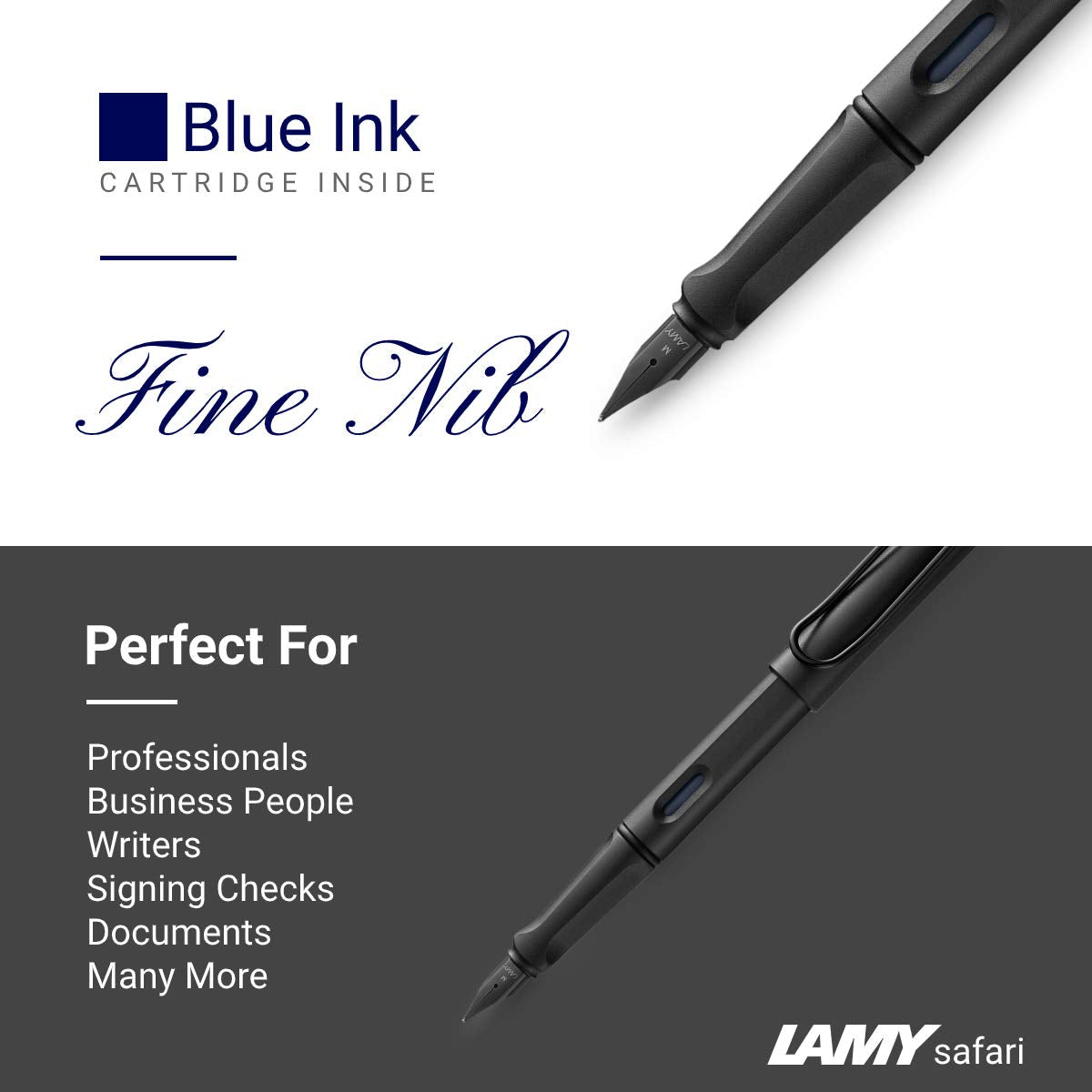 Boxiti Set - Lamy Safari Fountain Pen Charcoal, Fine Nib | 5 Black Ink Cartridges, Z28 Converter