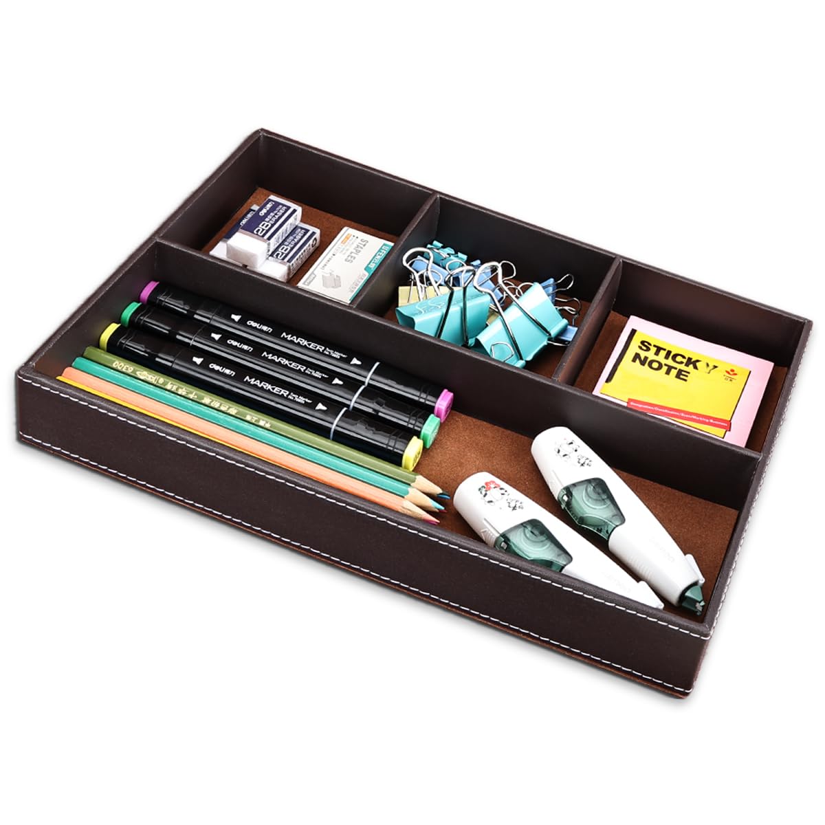 KINGFOM Pu Leather Desk Organizer Tray, 4 Compartment Office Storage Supplies Stationery Drawer