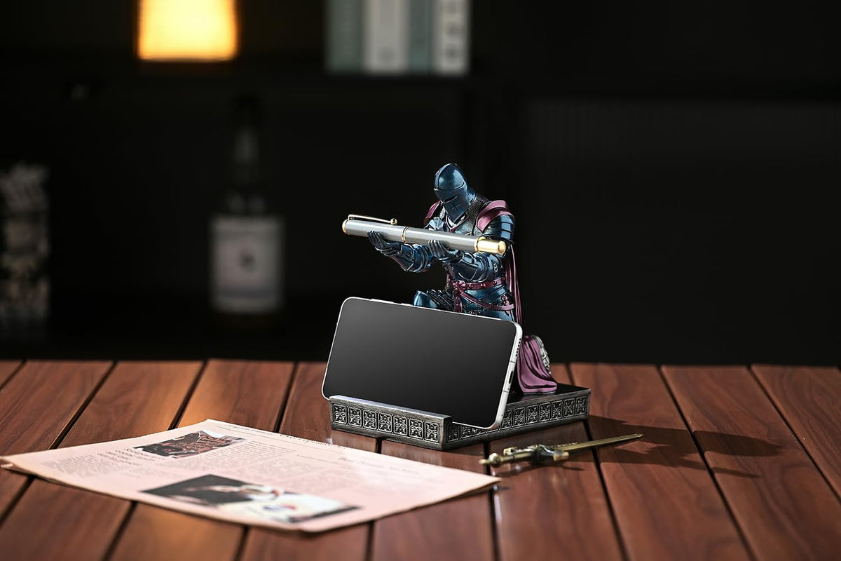 Medieval Armored Knight Pen Holder Figurine Paperweight Phone Stand Blu&Pur