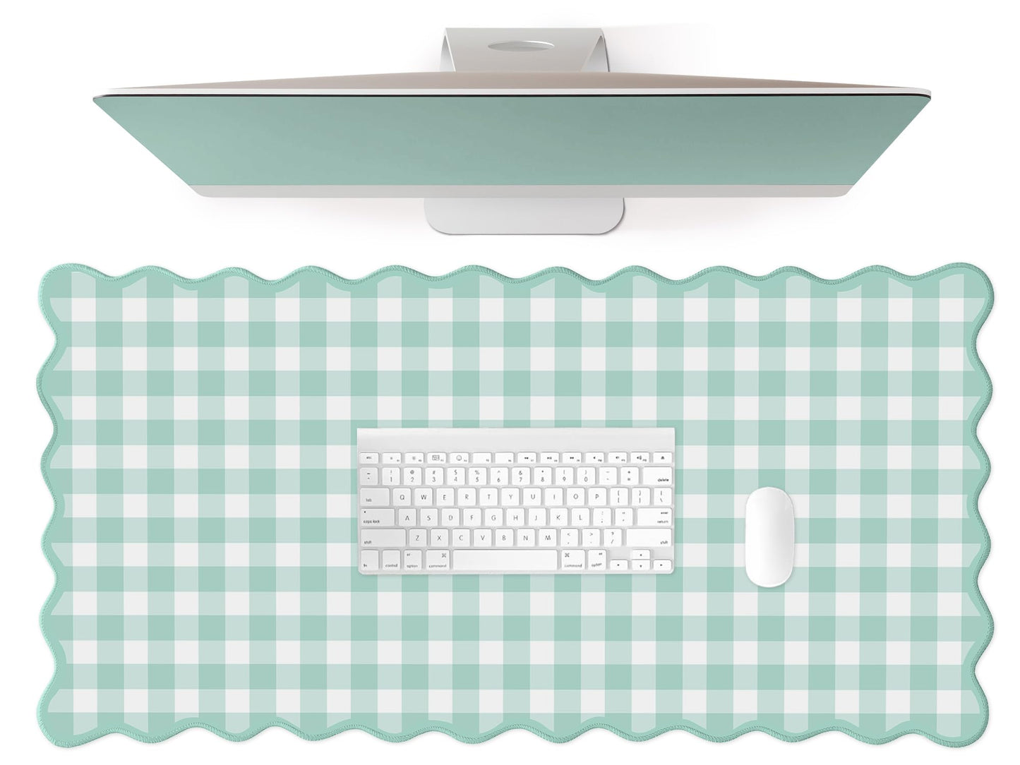 Mint Green Scalloped‌ Checkered Gingham Desk Mat Cute Pastel Large Mouse Pad Kawaii Cottagecore