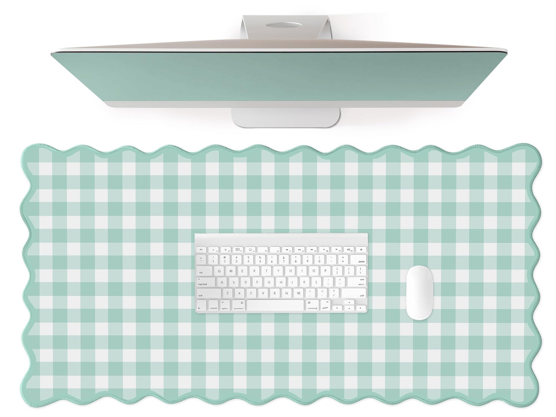 Mint Green Scalloped‌ Checkered Gingham Desk Mat Cute Pastel Large Mouse Pad Kawaii Cottagecore