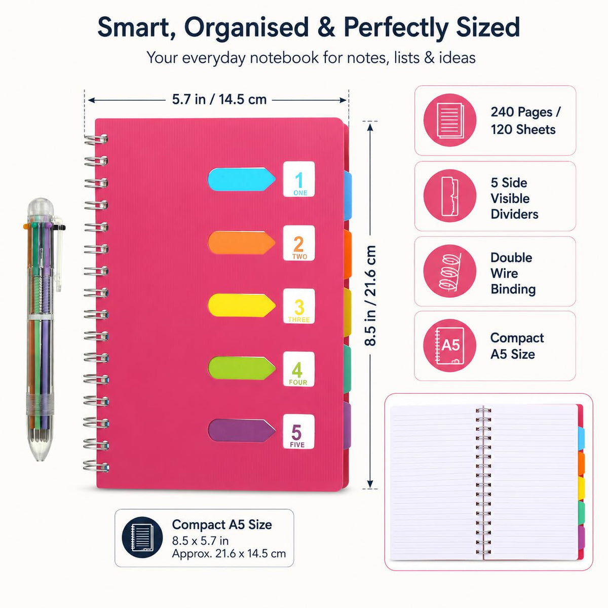 KESOTE 5 Subject Spiral Notebook with Divider Tabs, A5 Wide Ruled 5.7" × 8.5" Hardcover Tabbed