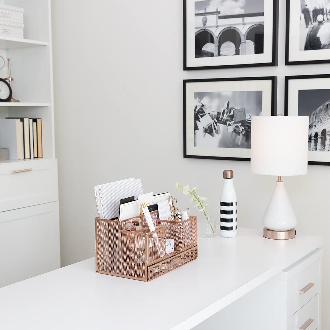 BLU MONACO | Rose Gold Desk Organizer with Sticky Note & File Holder | Metal Mesh Desktop Organizer