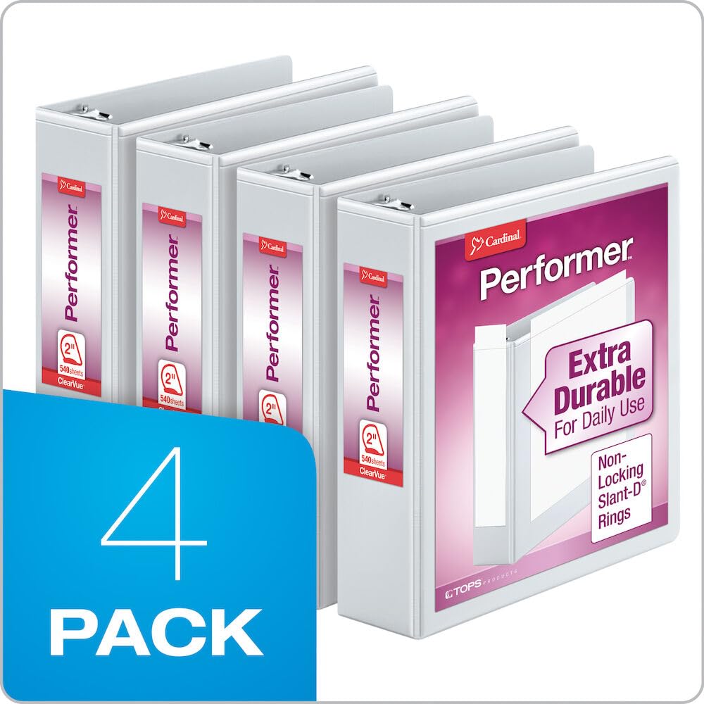 Cardinal Performer 3-Ring Binders, 2", Non-Locking Slant-D Rings, 540-Sheet Capacity, Clearvue