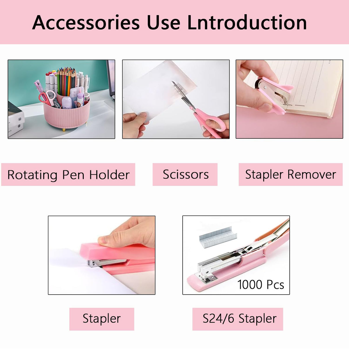 Office Supplies,Pink Desk Accessories,Office Supplies Set,Desk Organizer,Stapler,Tape