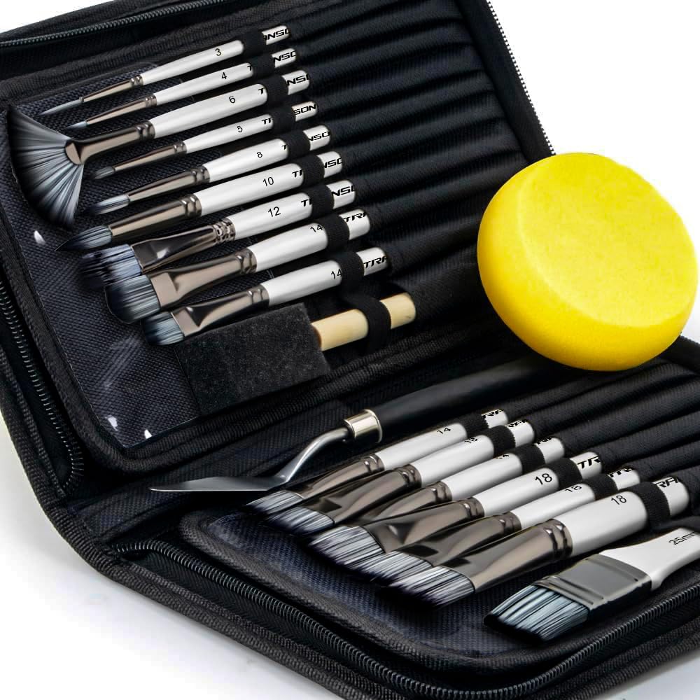 Transon 20Pcs Art Paint Brush Kit with Storage Case, 16 Brushes + Foam Brush Spatula Sponge for