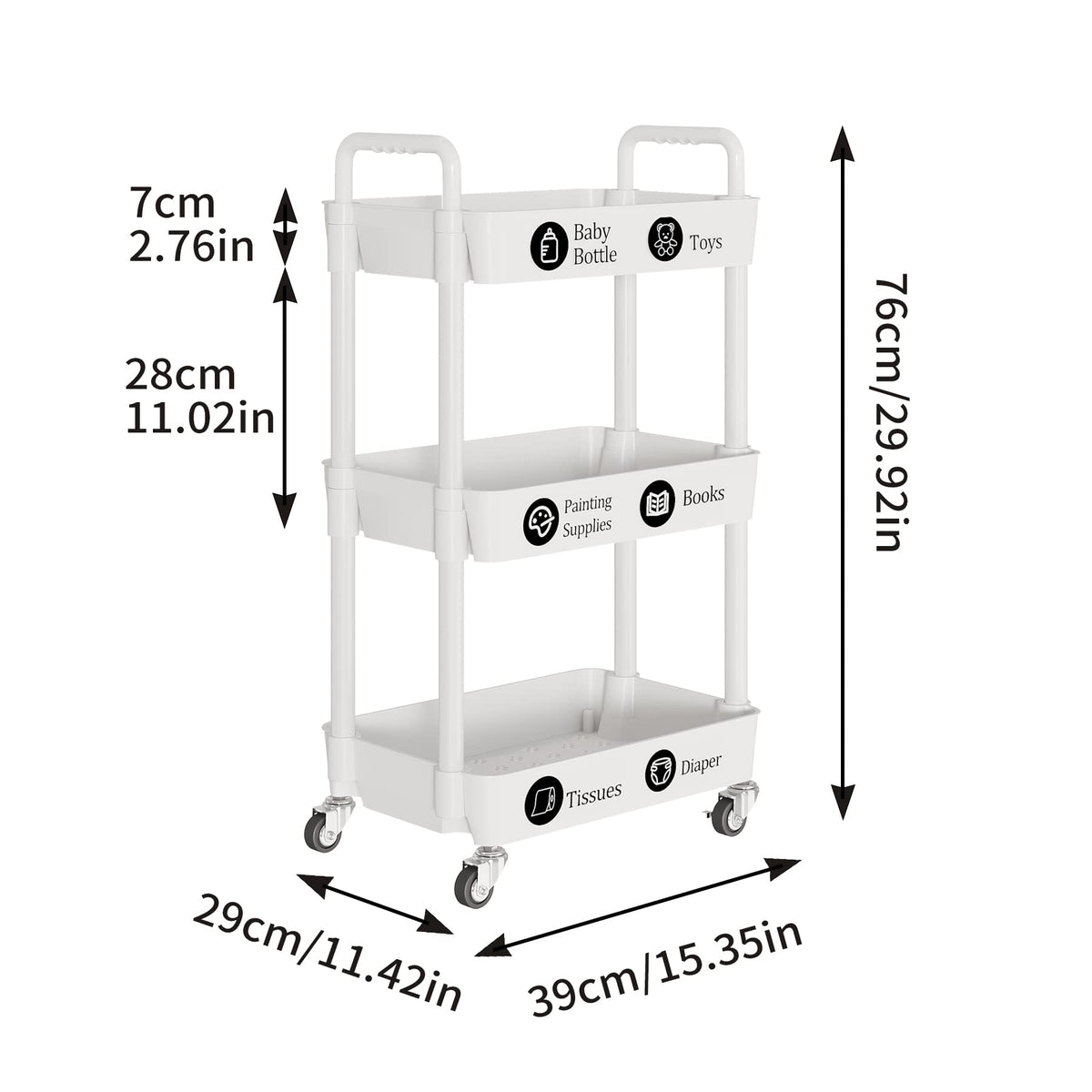 3 Tier Rolling Cart with Wheels, Utility Storage Carts,White