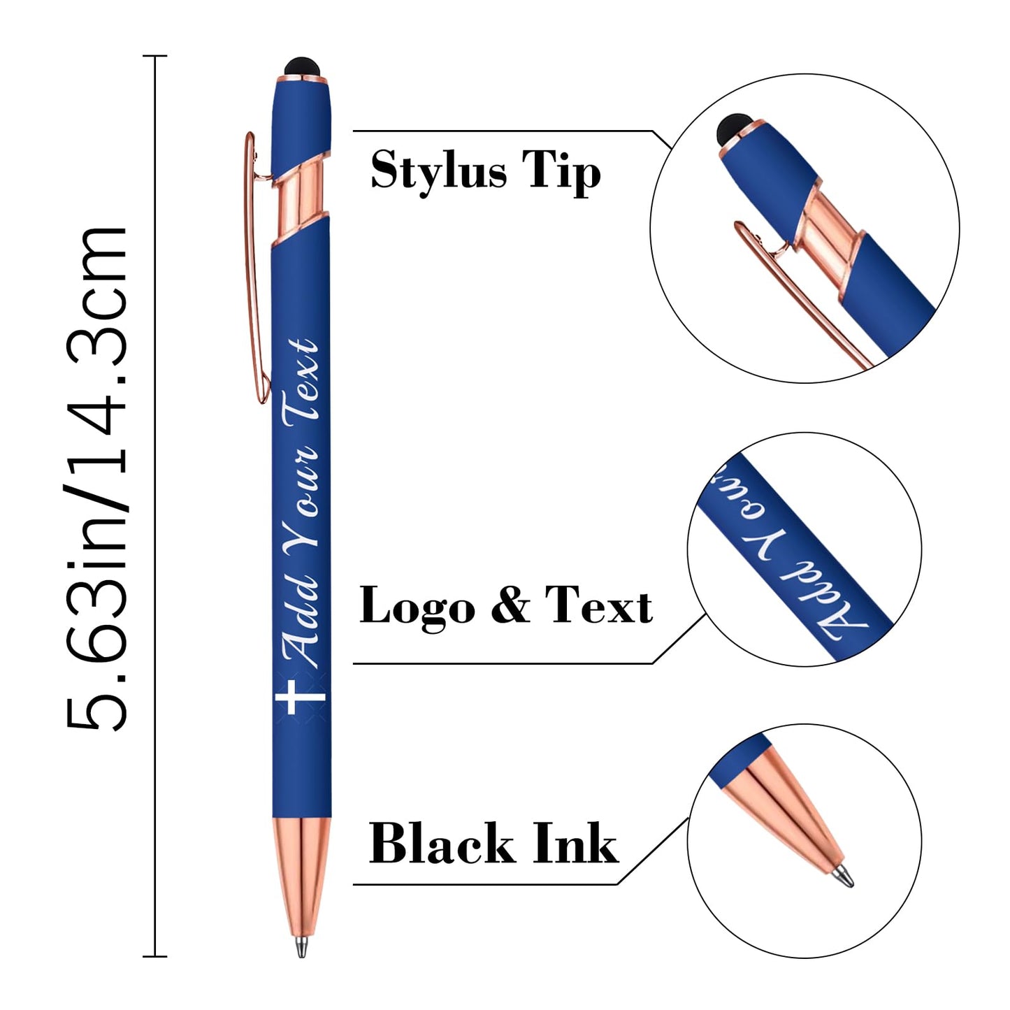 Personalized Ballpoint Pen with Stylus Tip, Custom Name & Logo, 12 Colors