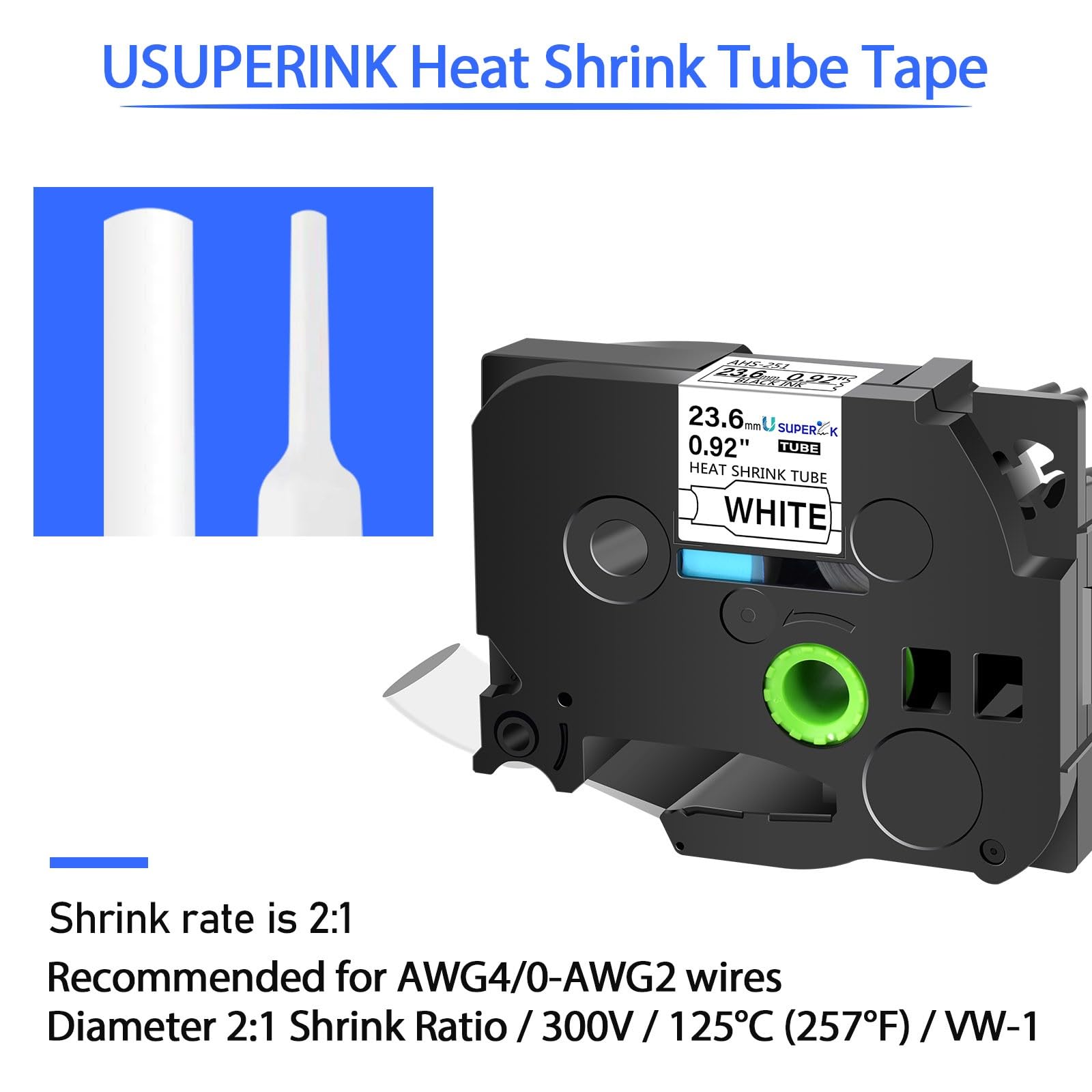 USUPERINK 2 Pack Compatible for Brother Ptouch HSe-251 HSe251 HS-251 HS251 AHS-251 23.6mm 1 inch