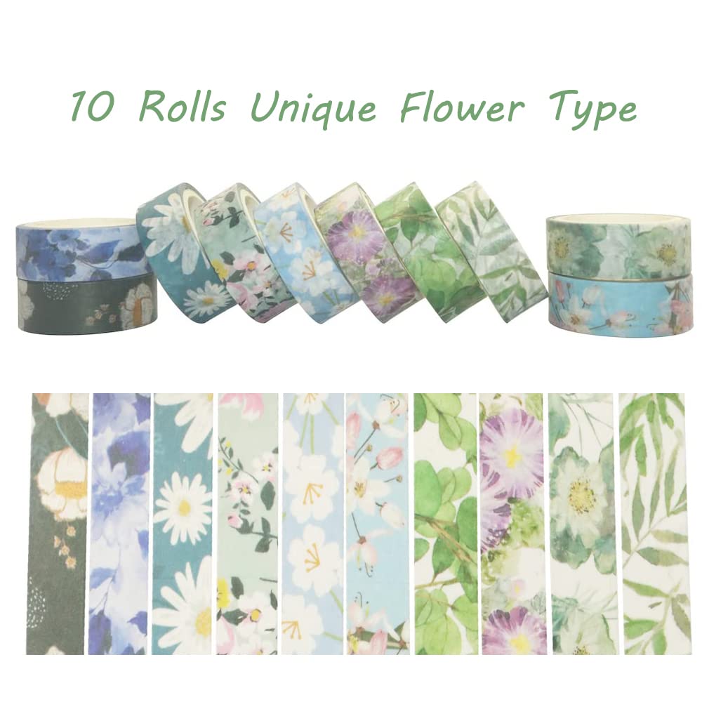 Spring Flower Washi Tape Set 10 rolls - 15 mm Floral Decorative Tape