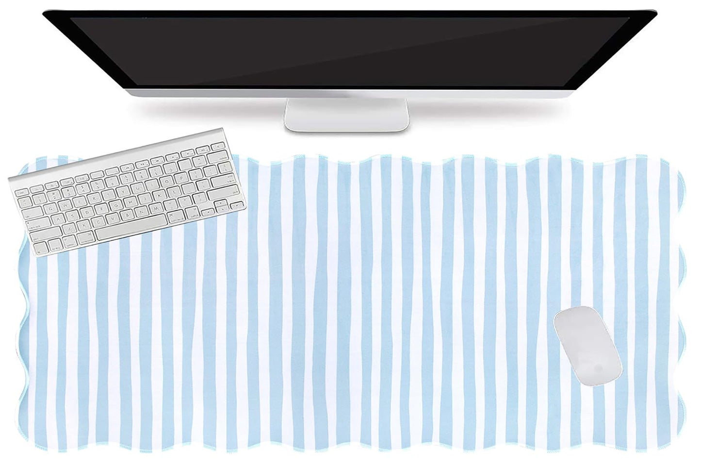 L-SPOUTTO Blue Striped Mouse Pad,Scalloped Desk Mat XXL Large Geometric Gaming Mousepad,35.4x15.7in