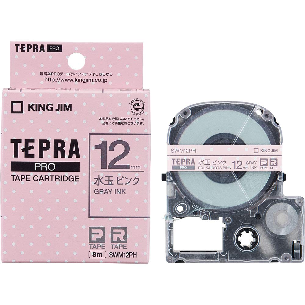 King Jim Tepra PRO SWM12PH Polka Dot Pink Gray Letters Tape Cartridge