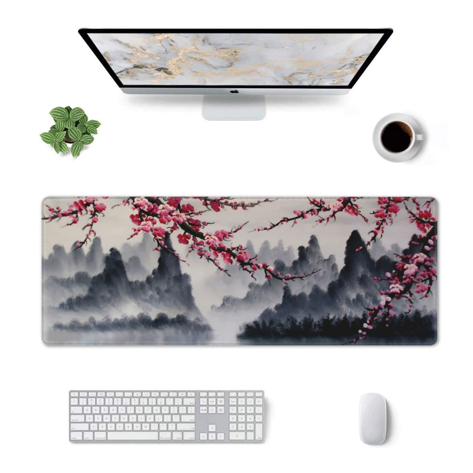 Japanese Sakura Watercolor Painting Extended Mouse Pad 31.5x11.8 Inch Cherry Blossom Flower