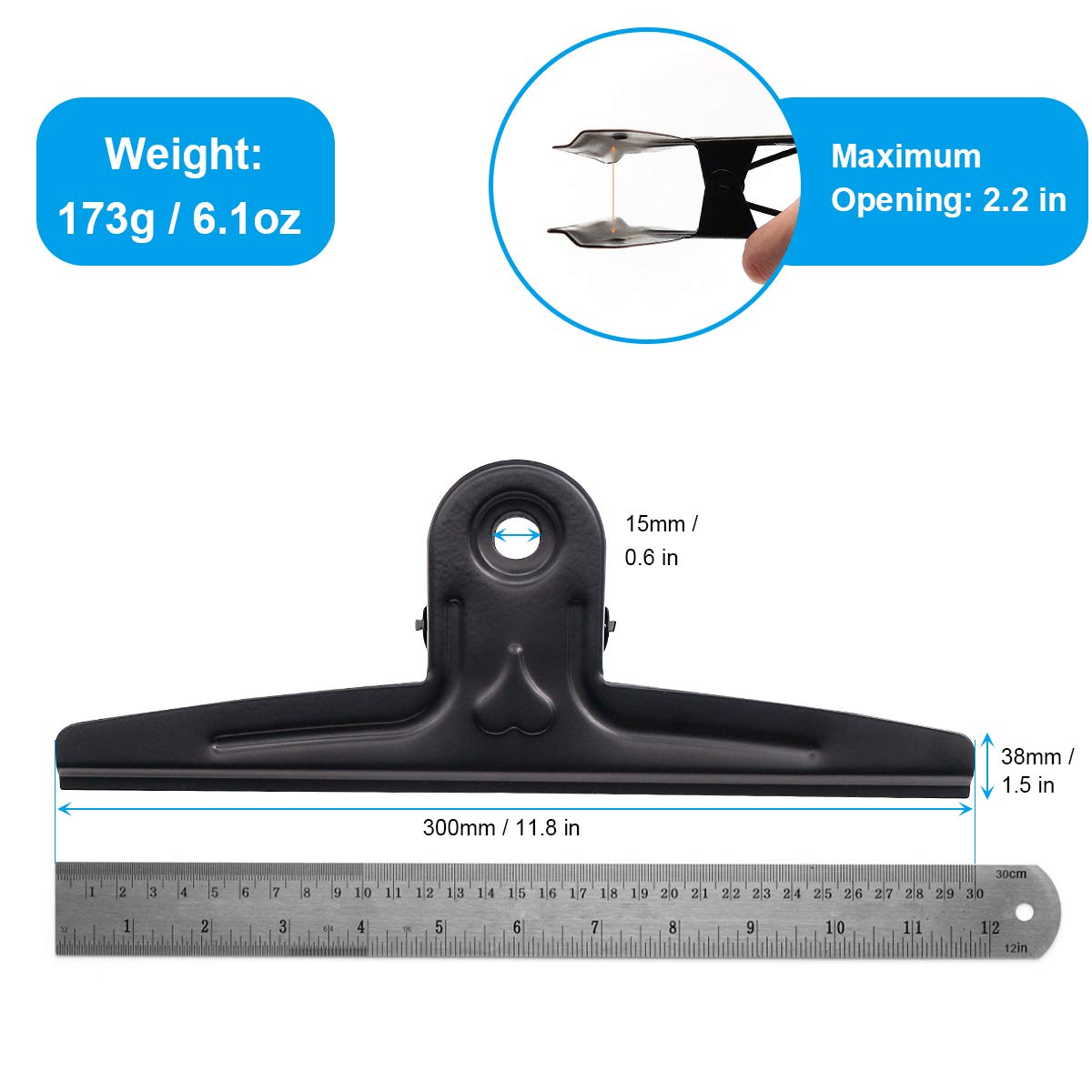 Coideal Extra Large Bulldog Clips Black, 2 Pcs Heavy-Duty Jumbo Bull Clips 30cm XXL Stainless Steel