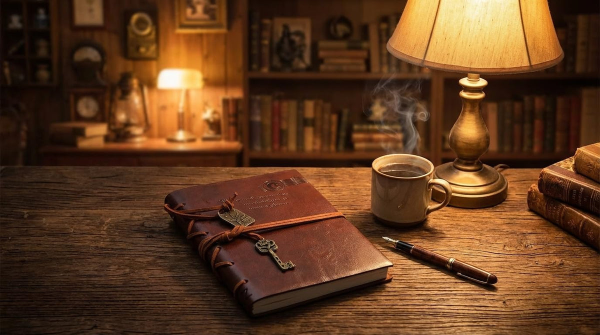EvZ Classic Vintage Leather Writing Journal Notebook - Unique Key Bound Retro Diary, Blank Kraft
