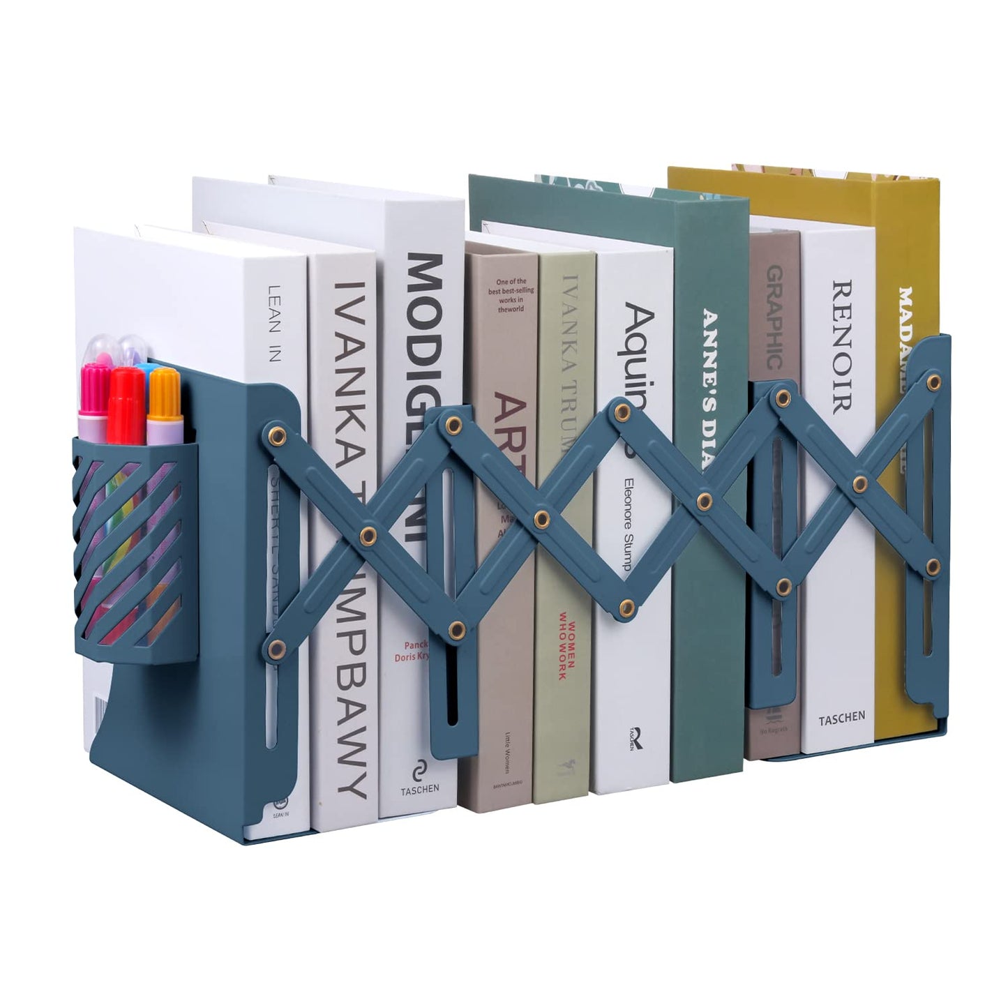 MSDADA Adjustable Bookends, Book Ends for Heavy Books, Expandable Book Organizer with Pen Holder