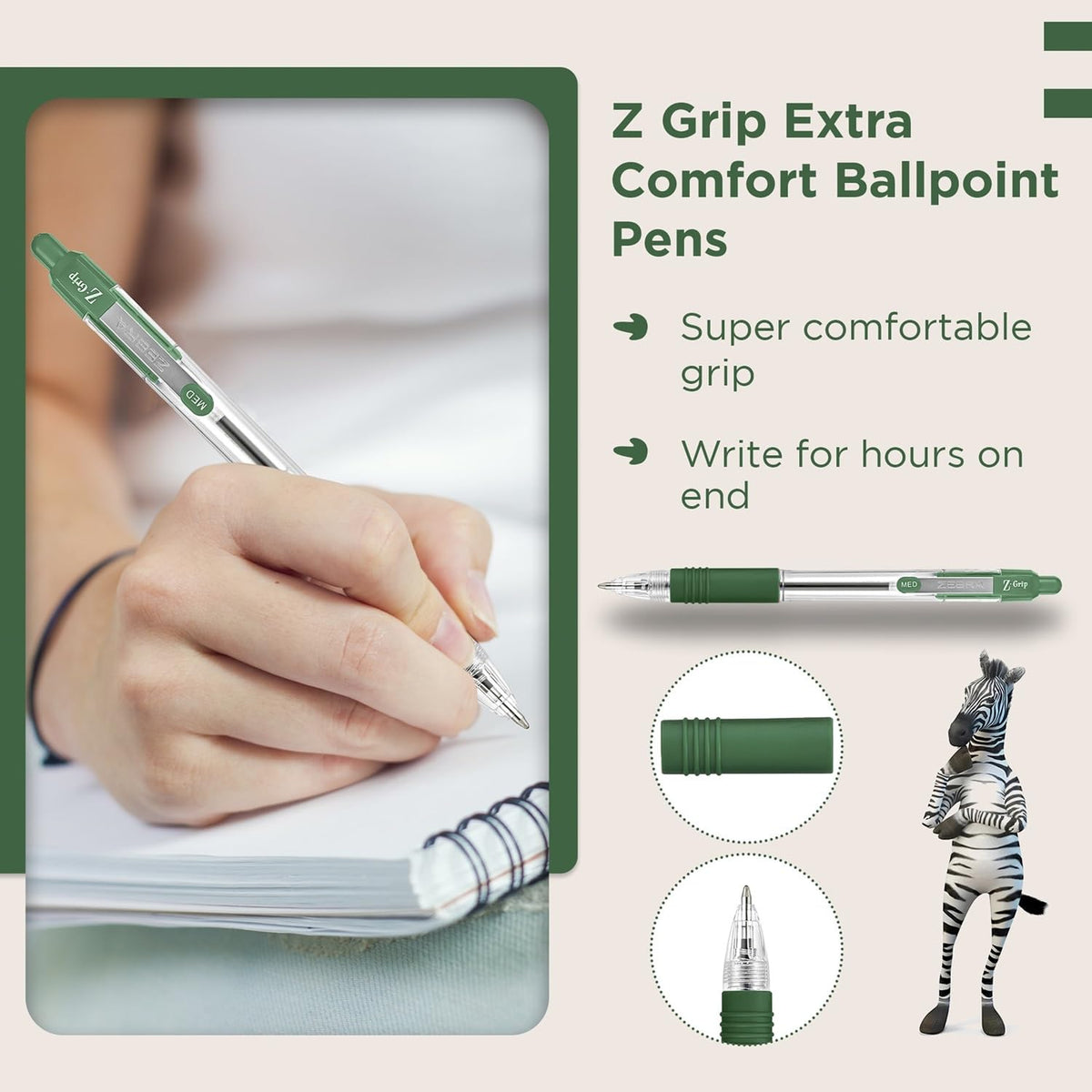 Zebra Pen Z Grip Green Pens Ballpoint, Smooth & Comfortable Pens With Pocket Clip, Retractable