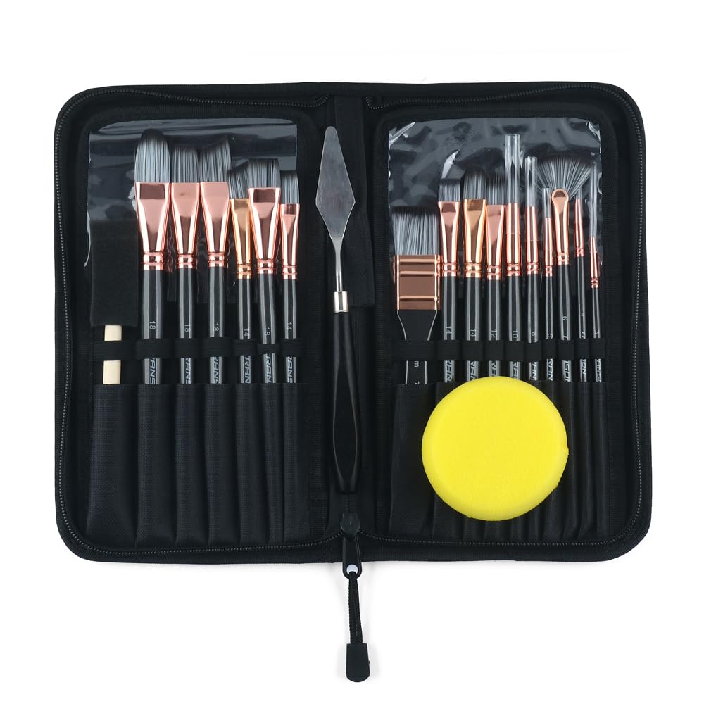 Transon 20Pcs Art Paint Brush Kit with Storage Case, 16 Brushes + Foam Brush Spatula Sponge for