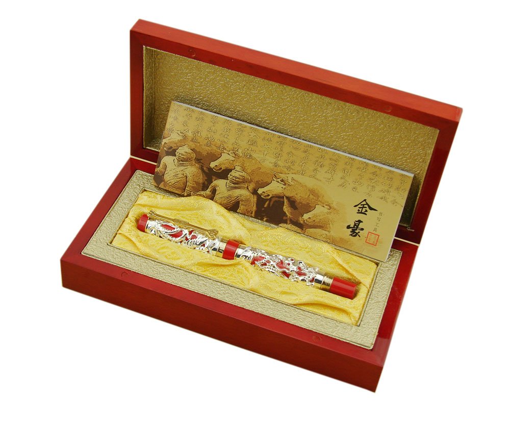 Jinhao Dragon Phoenix 3D Embossment Silver Red Fountain Pen Fine Nib Chinese Ruyi Clip Wooden Gift