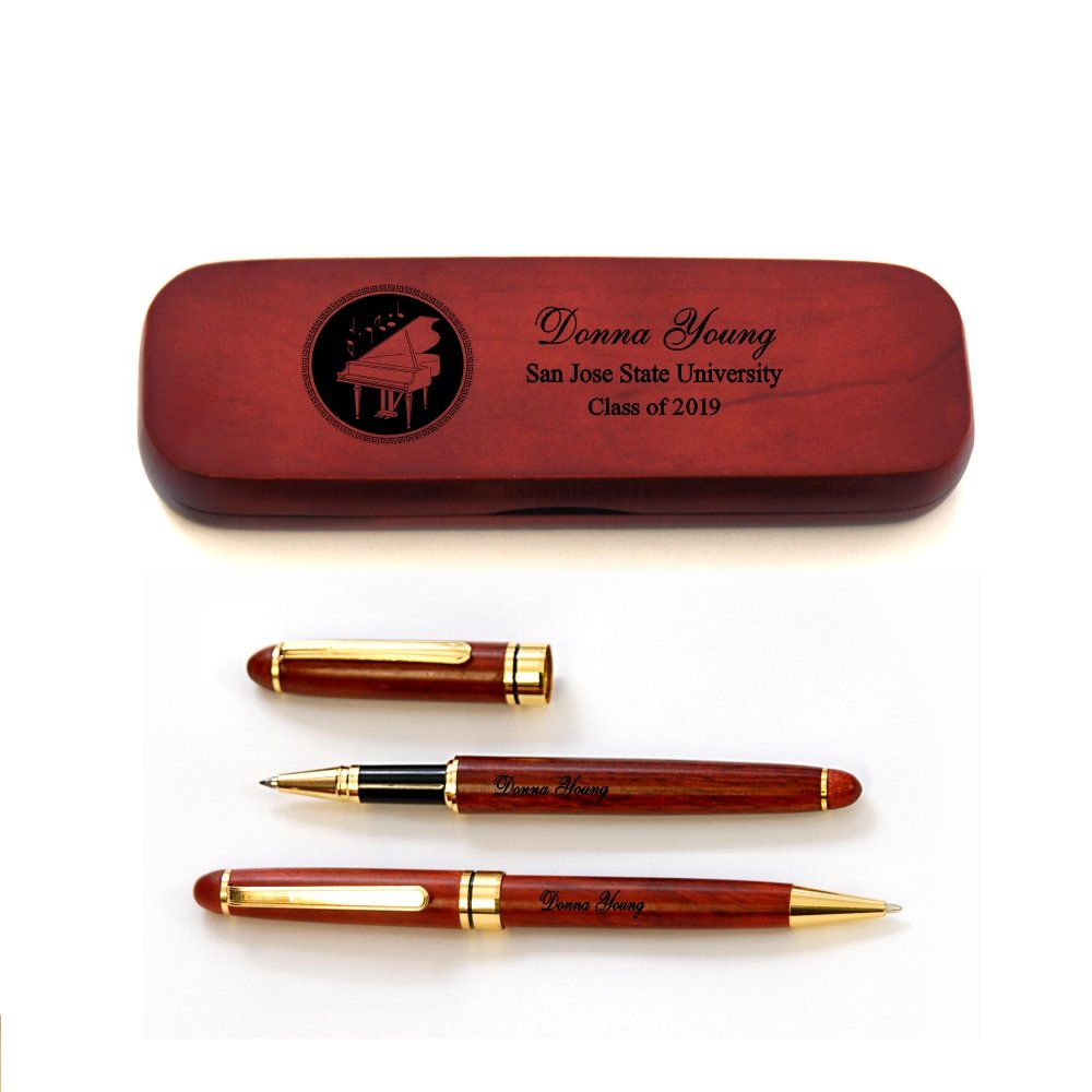 Personalized Solid Afzelia Africana Wood Graduation Pen Set for Pianist