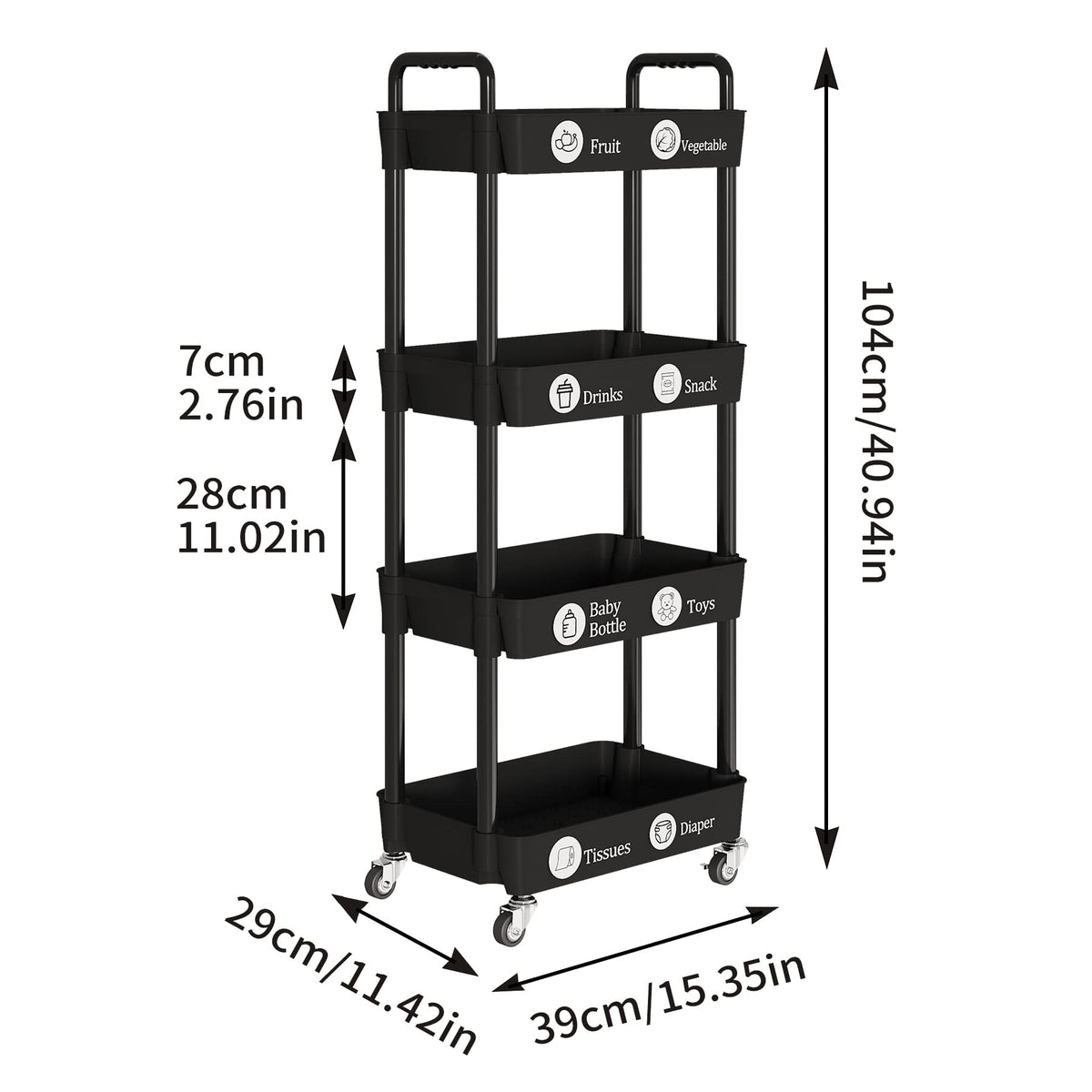 4 Tier Rolling Cart with Wheels, Utility Storage Carts,Black