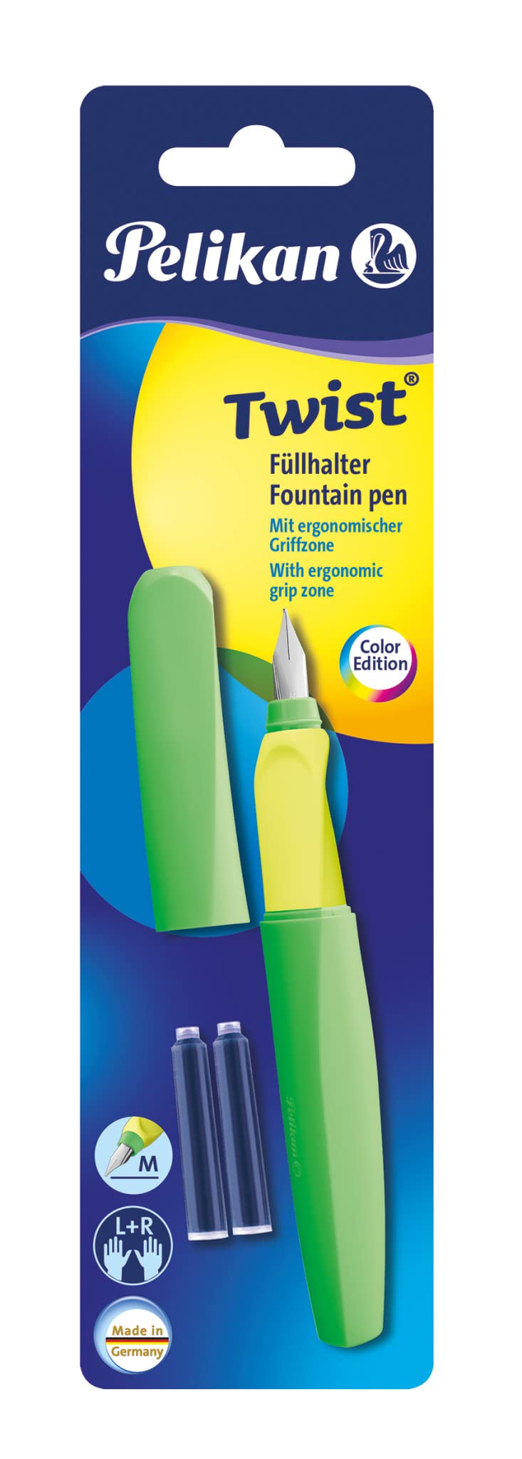 Pelikan Twist Fountain Pen with 2 Ink Cartridges, Medium Nib, Neon Green, Blister Card (807302)