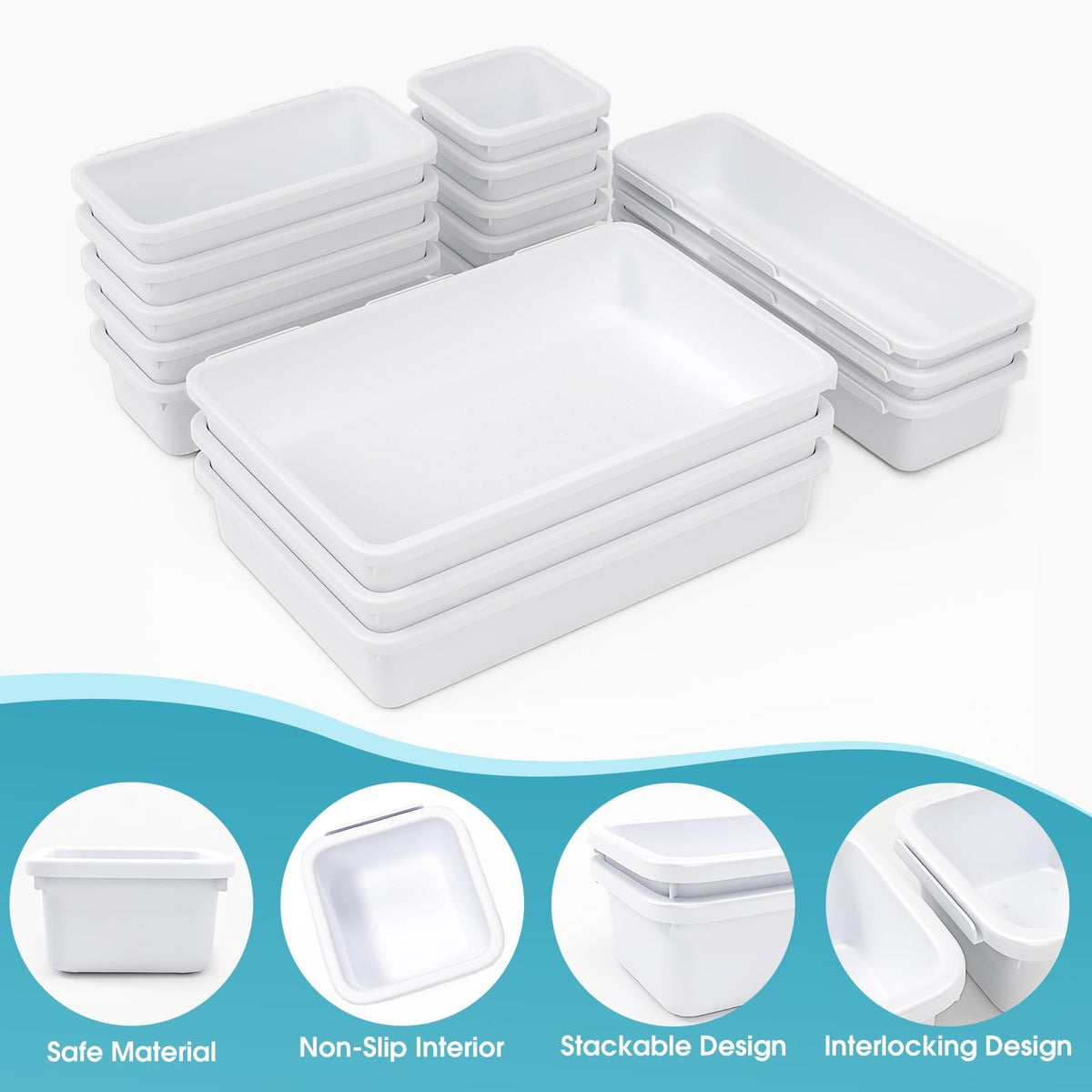 16 PCS Drawer Organizer Set, 4 Size Makeup Drawer Divider Organizer With Non-Slip Pads
