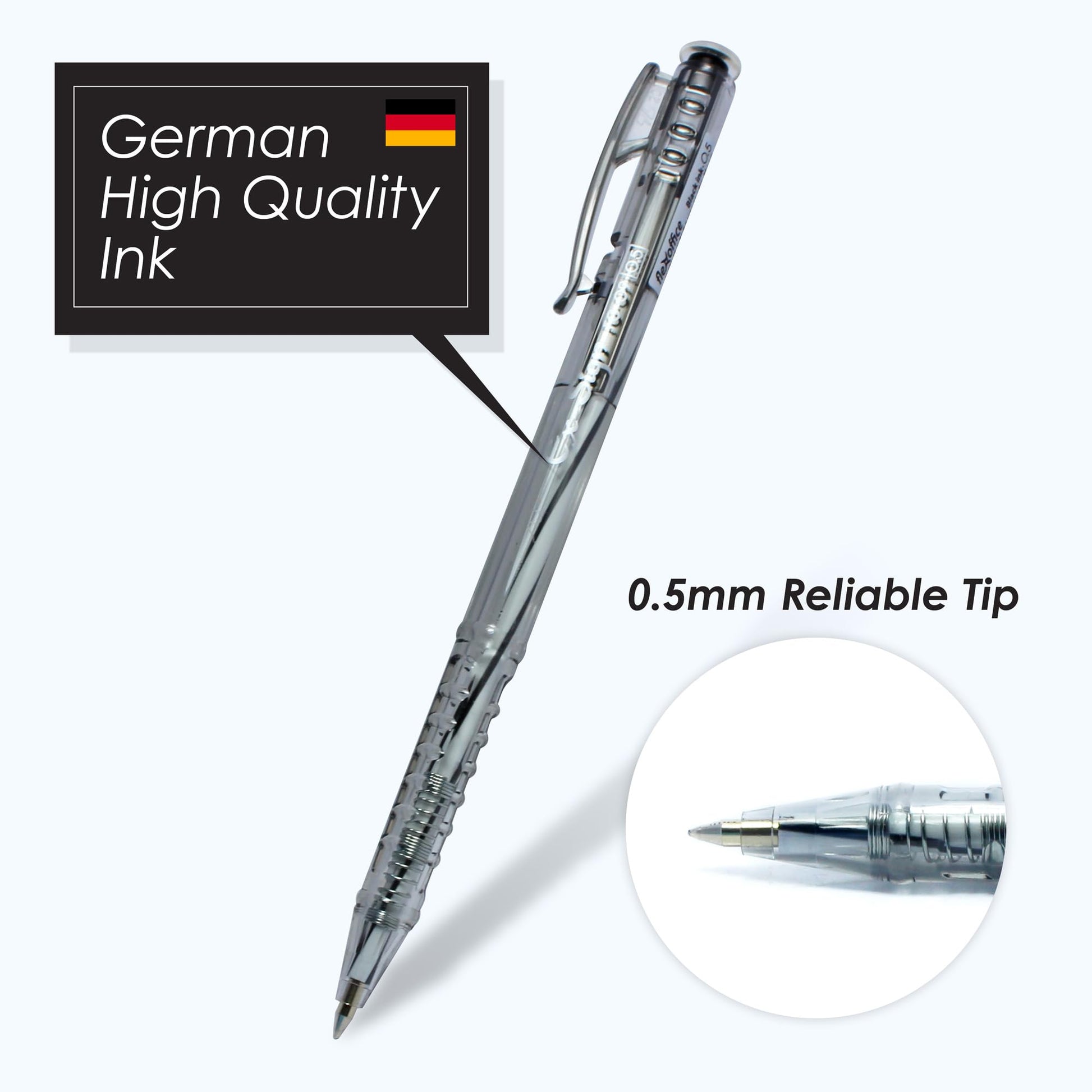 FLEXOFFICE Ballpoint Pens, Black Ink, 0.5mm Fine Point, 50 Count Pack, Quick Smooth Writing, Ball