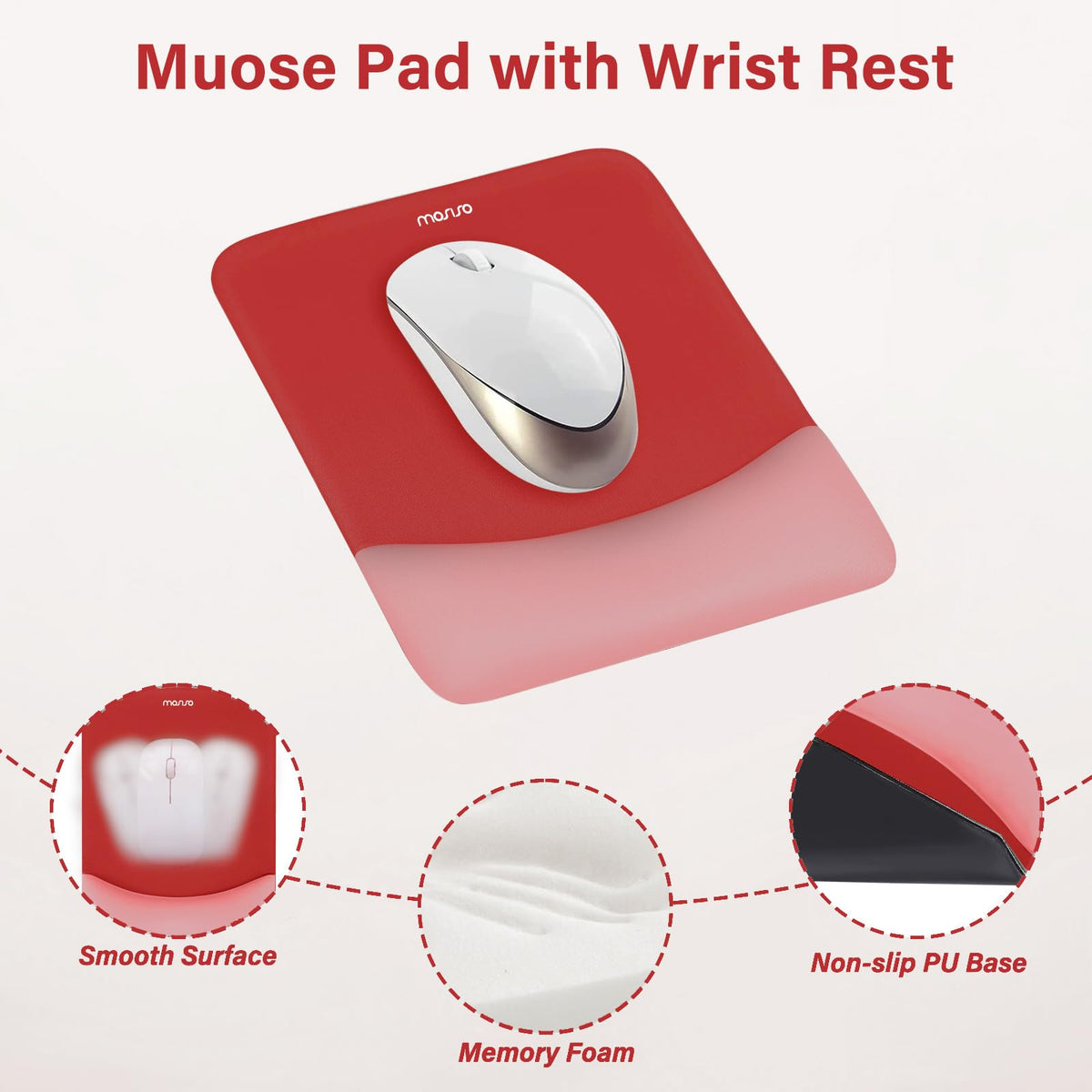 MOSISO Wrist Rest Support Mouse Pad & Keyboard Set, Red