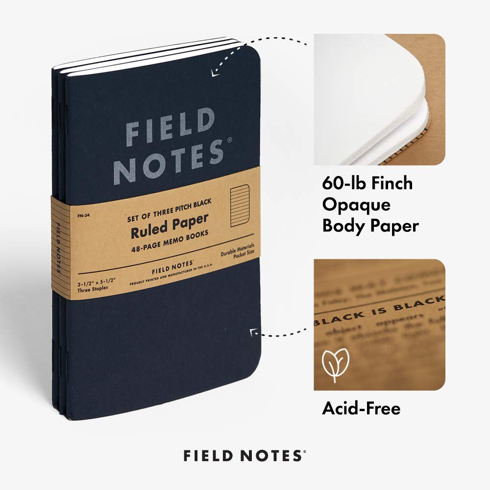 Field Notes 3-Pack Pitch Black Memo Books (3.5" X 5.5"), Ruled, 48 Pages | Thin Pocket Sized EDC