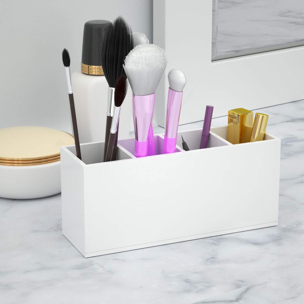 NIUBEE Acrylic Pen Holder 4 Compartments, White Pencil Organizer Cup for Countertop Desk Accessory