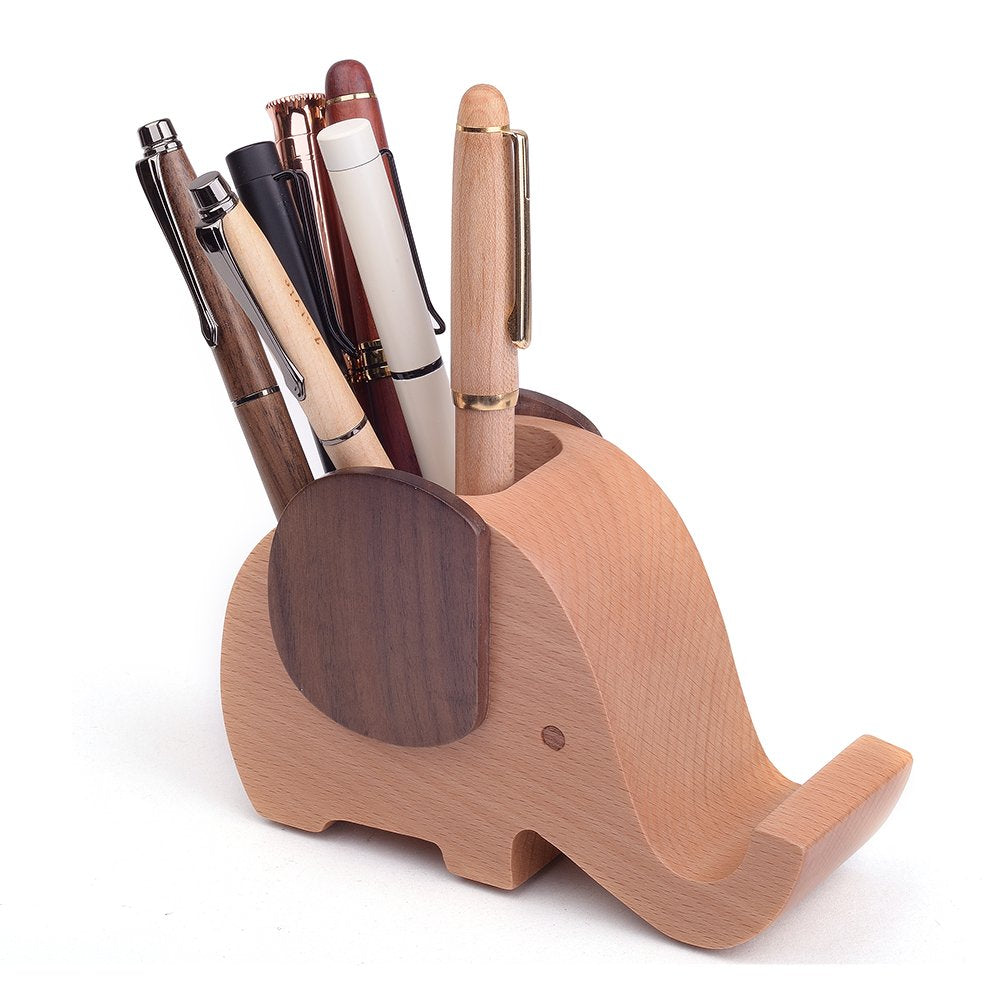 Artinova Elephant Wooden Pen Cup Pencil Holder for Desk Decor Desk Organizer with Cell Phone Stand