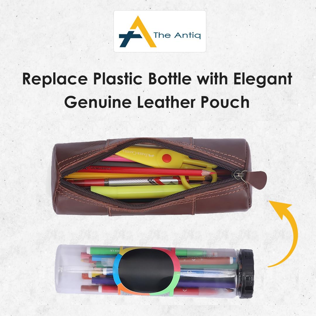 TheAntiq Tan Leather Pencil Cases Small for Men - Handcrafted Leather Pencil Case with Zipper