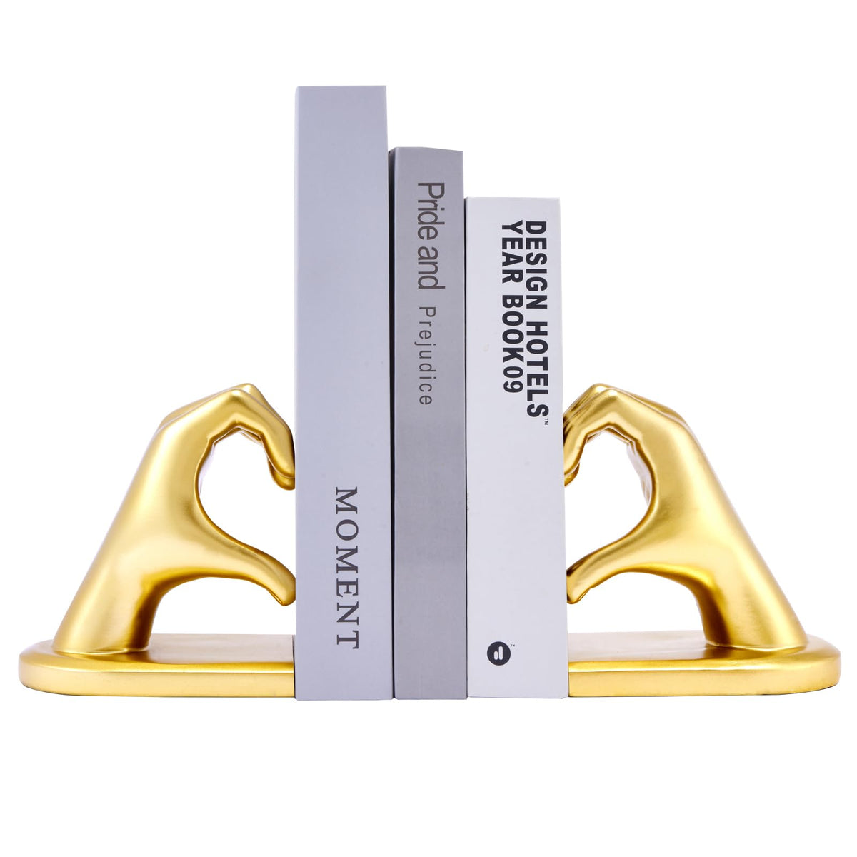 xmeden Gold Decorative Bookends for Shelves, Heart Hands Resin Sculpture with Non-Slip Felt Base