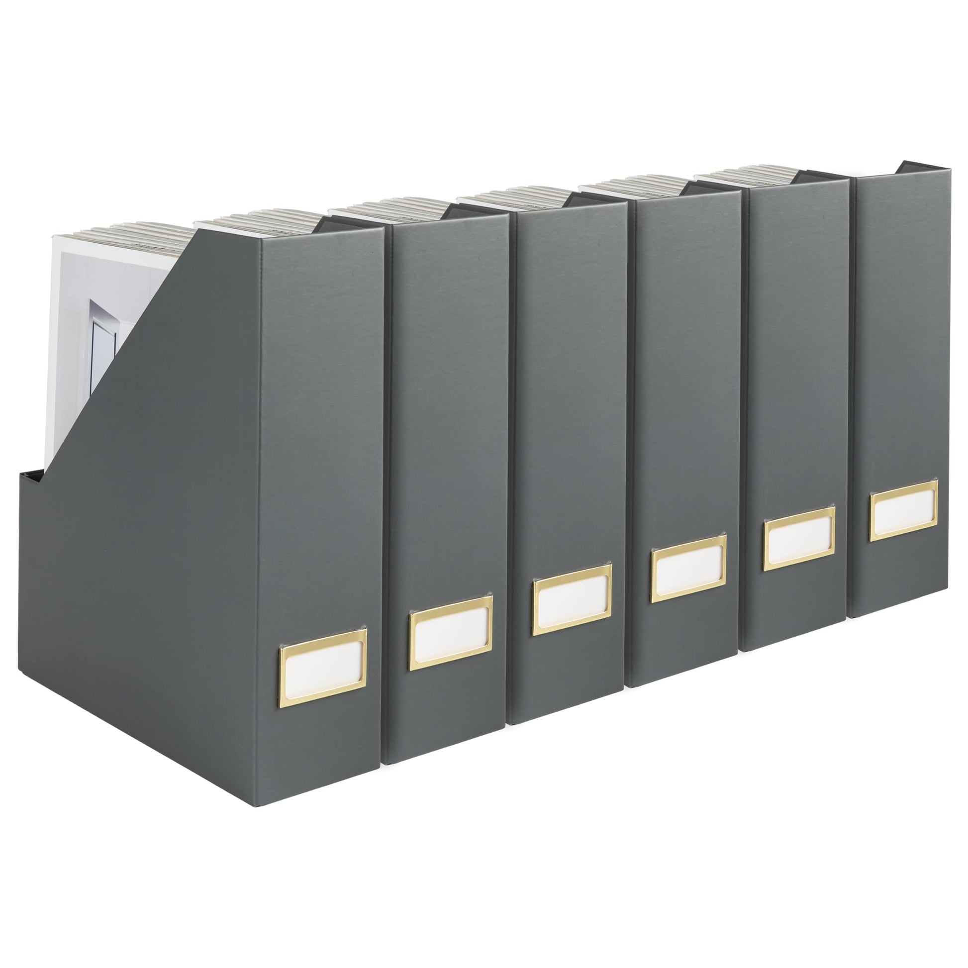 BLU MONACO | Set of 6 Foldable Grey Magazine File Holders with Gold Label Holders | Vertical File
