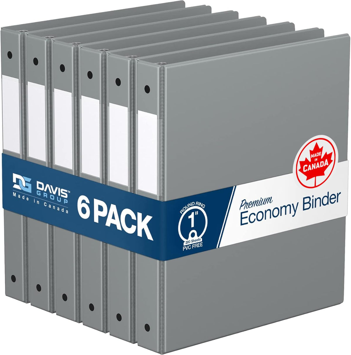 Premium Economy 3-Ring Binder, Spine Label, 1" Round Rings, Gray, 6 Pack
