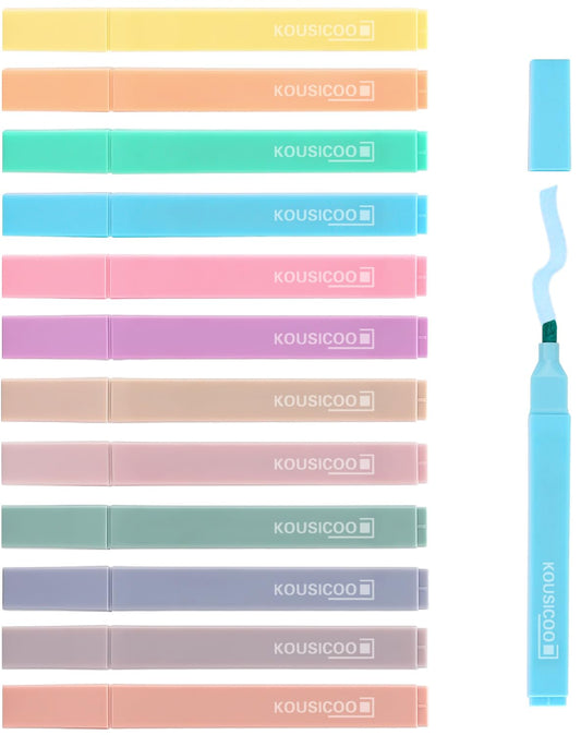 KOUSICOO Aesthetic Cute Pastel Highlighters Set: 12 Assorted Colors Pens No Bleed Bible Markers