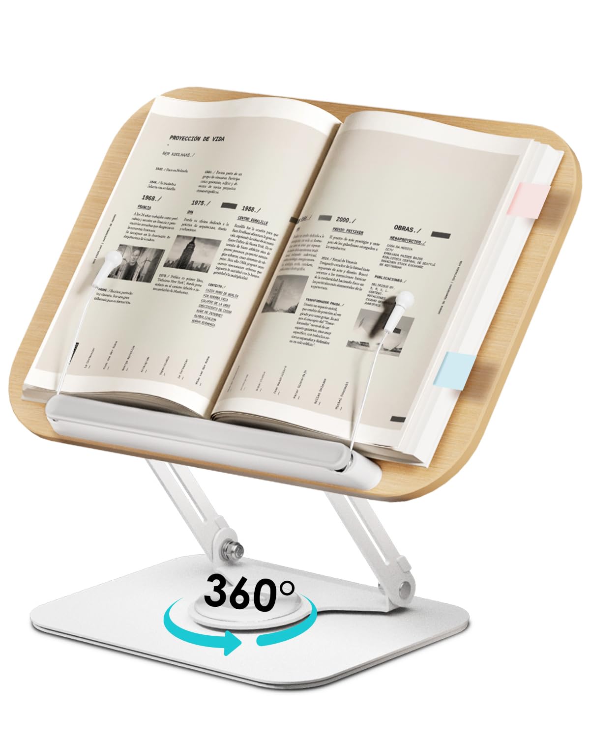Viozon Book Stand for Reading,Book Holder, Height&Angle Adjustable, 360° Rotating Base, Foldable