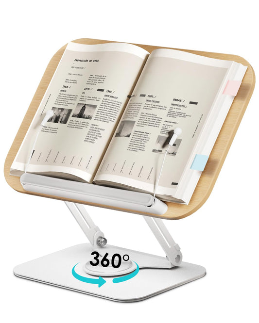 Viozon Book Stand for Reading,Book Holder, Height&Angle Adjustable, 360° Rotating Base, Foldable