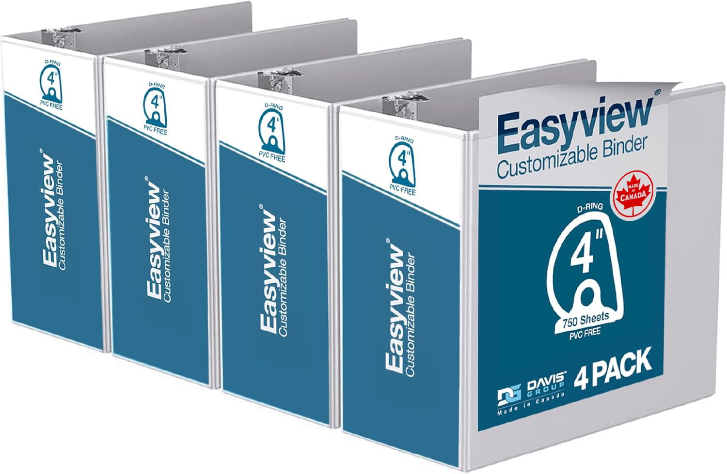 Easyview 3-Ring Binder, Clear-View Cover, 4" D Rings, White, 4 Pack