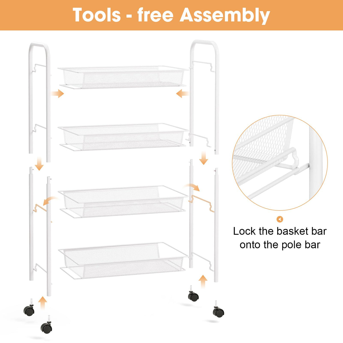 TOOLF 4 Tier Rolling Cart, Metal Utility Storage Cart with Wheels, White