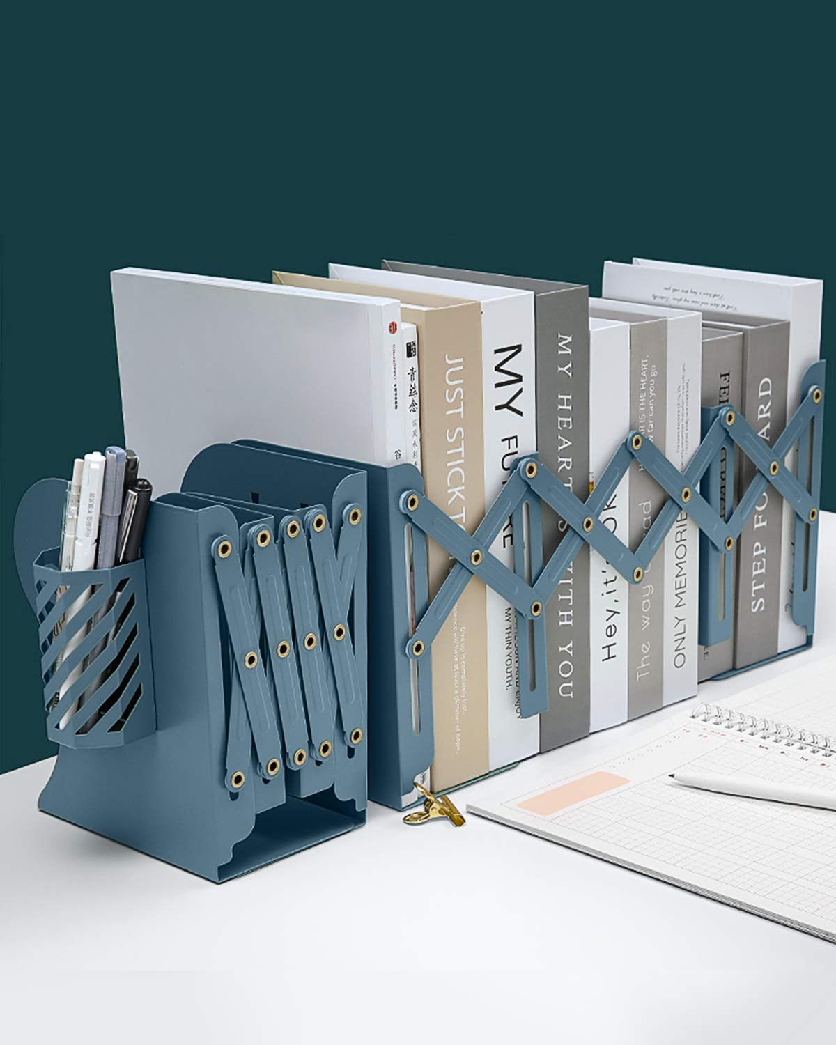MSDADA Adjustable Bookends, Book Ends for Heavy Books, Expandable Book Organizer with Pen Holder