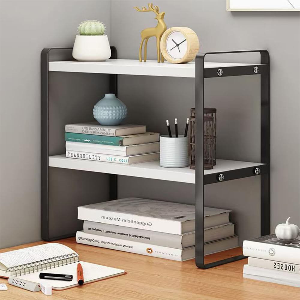 Hbluefat Desktop Organizer Shelf, 2-Tier Multipurpose Tabletop Storage Bookshelf, Small Wooden