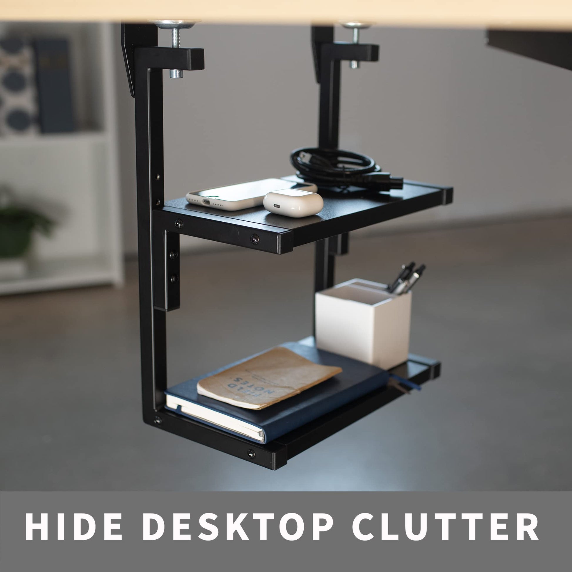 VIVO Black Clamp-on 13 inch 2-Tier Desk Shelf, STAND-SHELF2C