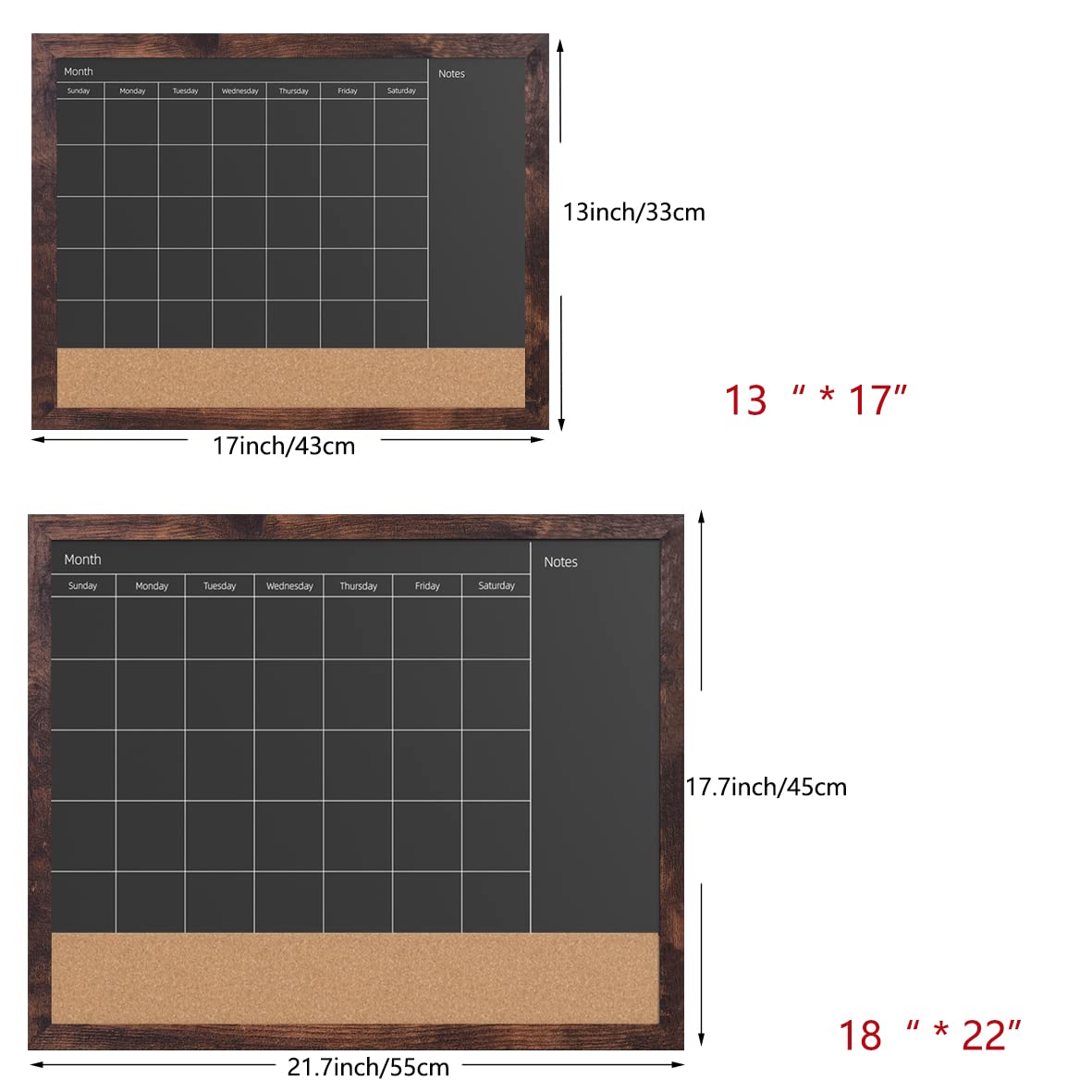 Umtiti Chalkboard Calendar & Cork Bulletin Board，13" x 17" Brown Wood Frame，Magnetic Surface