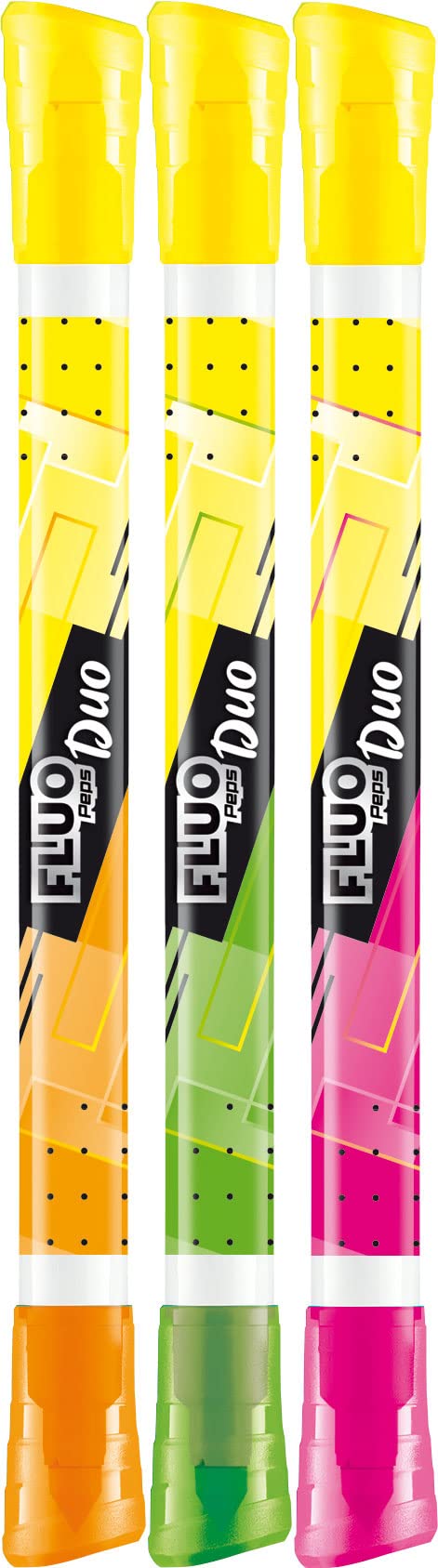 Maped - 3 Highlighters Fluorescent Peps Duo - 2-in-1 Fluorescent Pens with Double Tip - Comfortable