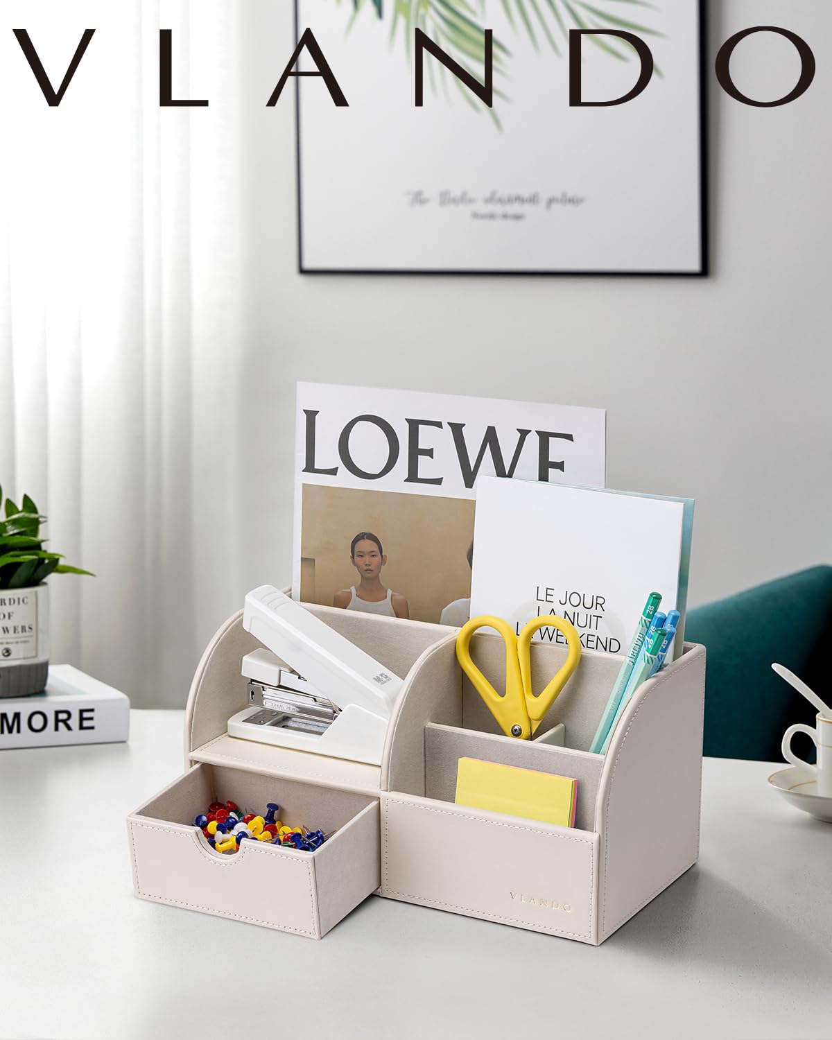 VLANDO Office Desk Organizer Leather Desktop Organizer Caddy with Drawer for Storing Desktop