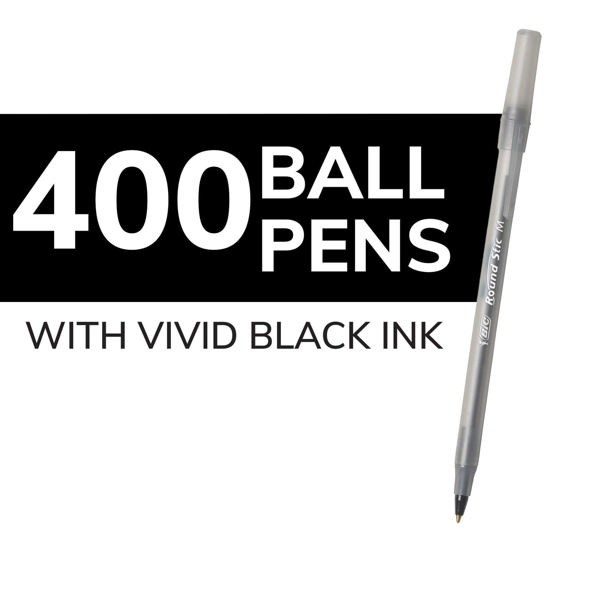 BIC Round Stic Xtra Life Black Ballpoint Pens, Medium Point, 400-Count